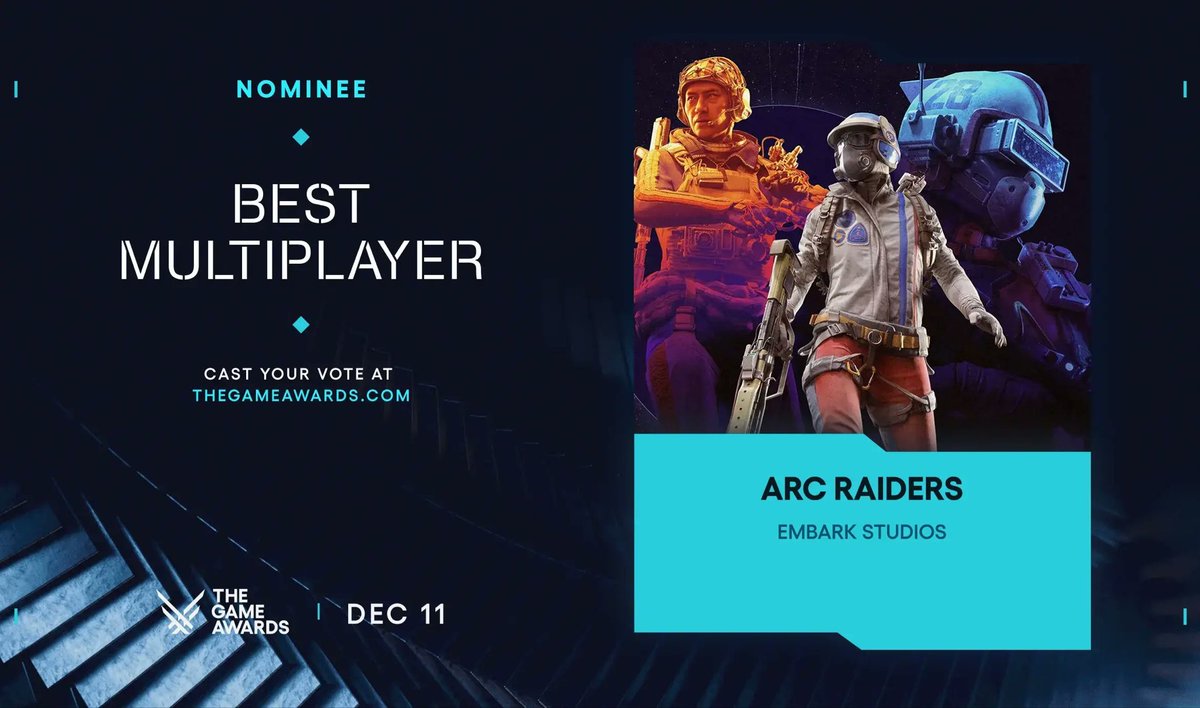 Bonsoir Raiders,

Le 11 décembre ce déroulera les Game Awards.

#ArcRaiders est nominé pour le meilleur jeux multijoueur.

À vos votes : thegameawards.com

#ArcRaidersFR