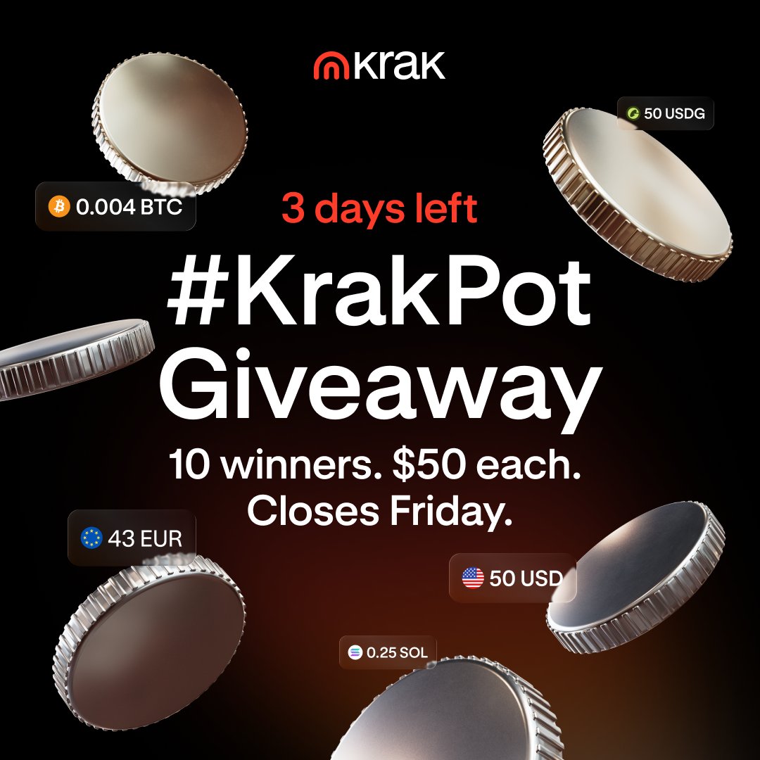 3 days left to enter this week’s #KrakPot Giveaway 💰

10 winners. $50 each. Closes Friday.

1️⃣ Follow <a href="/Krak/">Krak</a>
2️⃣ Repost this post
3️⃣ Request $50 USDG from <a href="/Krak/">Krak</a> in the app

Your weekly chance to win with Krak. 🔥