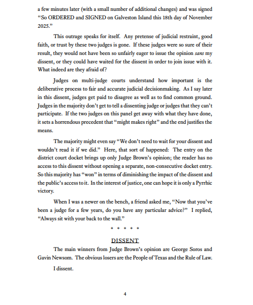 baylisswagner's tweet image. NEW: In 104-page dissent from Texas redistricting ruling, 5th Circuit judge &amp;amp; Reagan appointee Jerry Smith has accused Judge Jeff Brown of &quot;the most outrageous conduct by a judge that I have ever encountered in a case in which I have been involved.&quot; 

&quot;Fasten your seatbelts&quot;...🧵