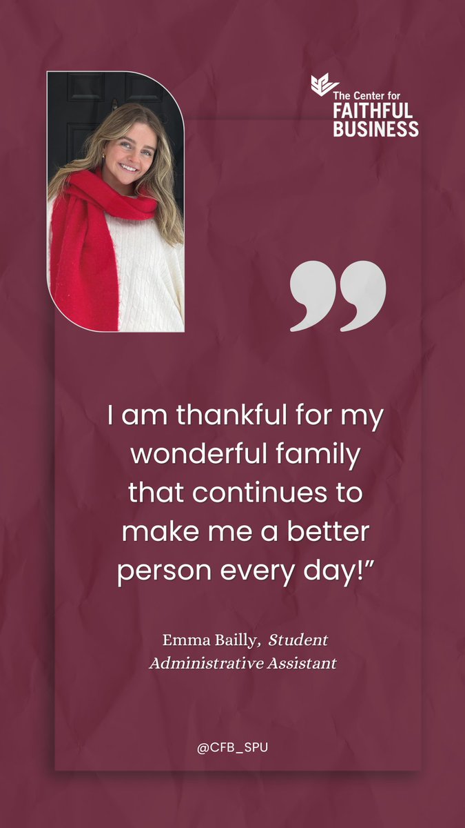 Today we are highlighting one of CFB's administrative assistants, Emma Bailly. As we approach Thanksgiving, we encourage everyone to reflect about what they're grateful for!