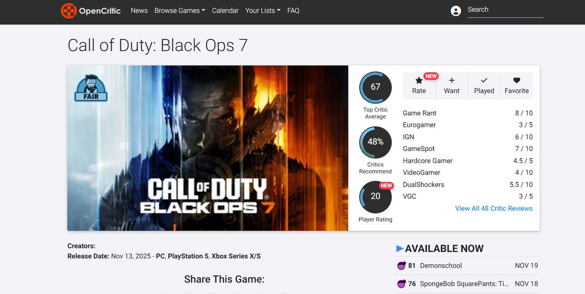 LegacyKillaHD's tweet image. Black Ops 7 critic reviews have TANKED.

As expected, the early reviews manipulated the truth.

This is going to be one of the lowest reviewed CoD games ever.