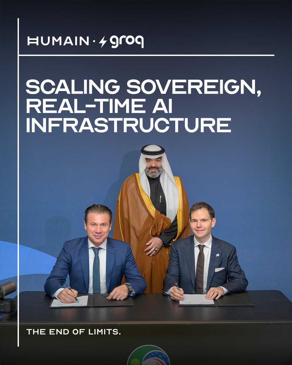 HUMAINAI's tweet image. HUMAIN and @GroqInc have expanded their strategic partnership to scale sovereign, ultra-low-latency inference infrastructure in Saudi Arabia, tripling the capacity of the region’s largest Groq-powered cluster.

This next-generation deployment introduces Groq’s newest chipset and…