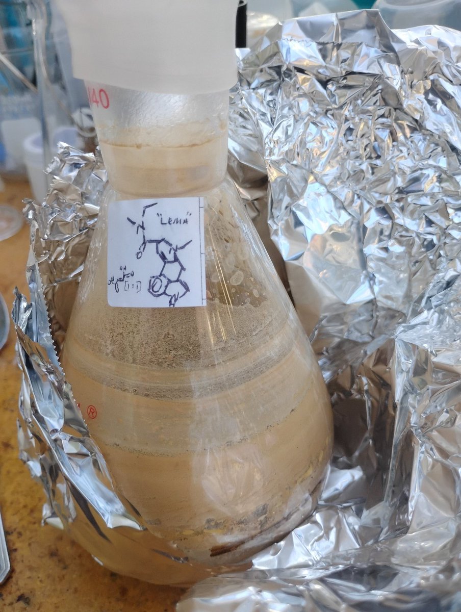 Indole245's tweet image. New chemical, but has to be tested for sure. We used a different reaction solvent, but it should still be OK.

Compound; LEMA or EMLA / N-ethyl-N-methyl Lysergamide freebase and it turned out a nice beige/tan colour, crushed it will be an off-white.
  
#Lysergamides #syntharise