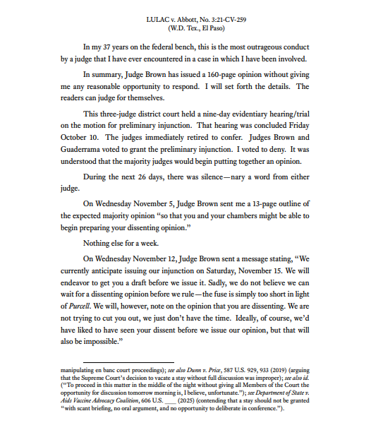 baylisswagner's tweet image. NEW: In 104-page dissent from Texas redistricting ruling, 5th Circuit judge &amp;amp; Reagan appointee Jerry Smith has accused Judge Jeff Brown of &quot;the most outrageous conduct by a judge that I have ever encountered in a case in which I have been involved.&quot; 

&quot;Fasten your seatbelts&quot;...🧵