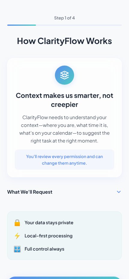 Abucoder's tweet image. Submitting two of my best screens for the Moonchild UI/UX challenge.

How ClarityFlow Works — a transparent, context-aware onboarding flow

AI Task Magic — intelligent task prioritization designed for clarity + trust

Open to thoughtful critique.
   #DesignChallenge