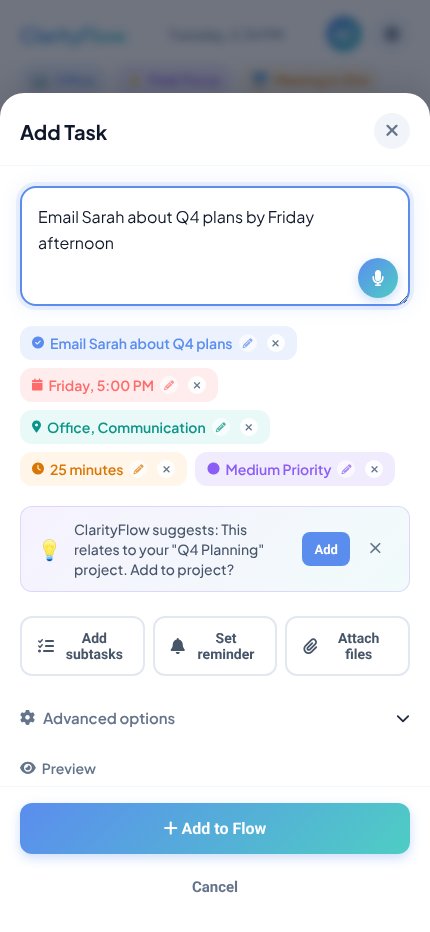 Abucoder's tweet image. Submitting two of my best screens for the Moonchild UI/UX challenge.

How ClarityFlow Works — a transparent, context-aware onboarding flow

AI Task Magic — intelligent task prioritization designed for clarity + trust

Open to thoughtful critique.
   #DesignChallenge
