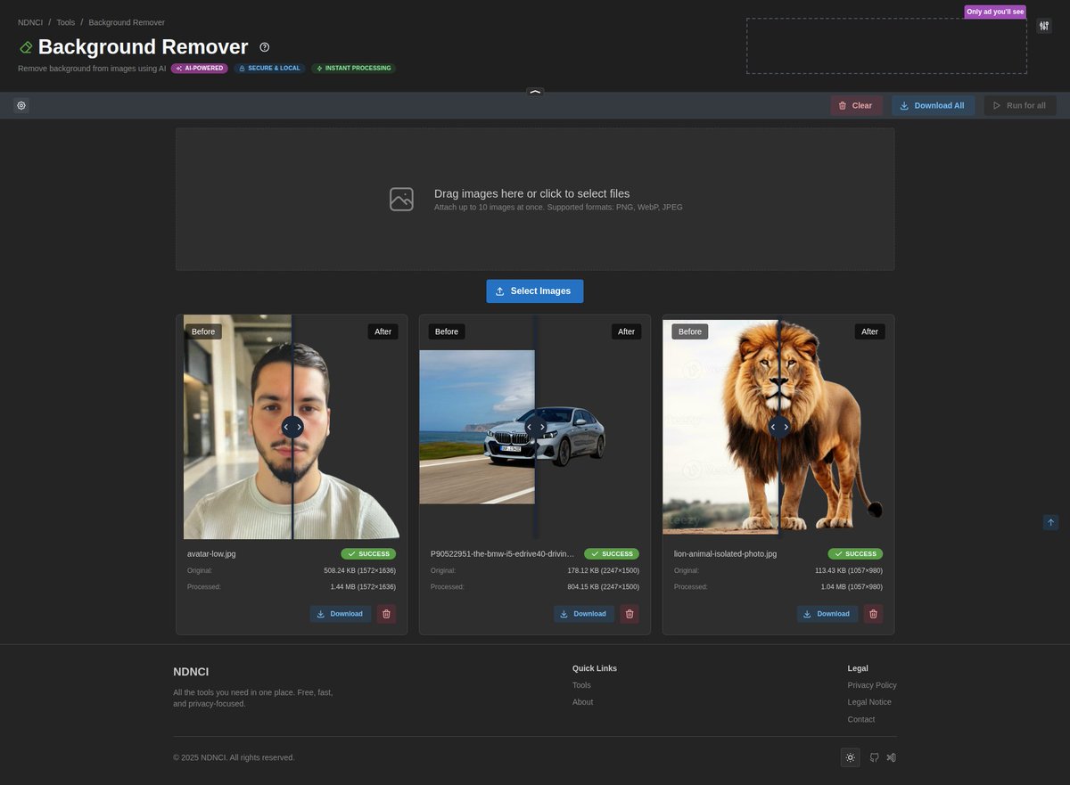 ahlimanhuseynov's tweet image. New tool on NDNCI: Background Remover

Remove image backgrounds with AI on your browser only, 100% local and free.

Works in most cases, link in comment✌️

#ai #webtools