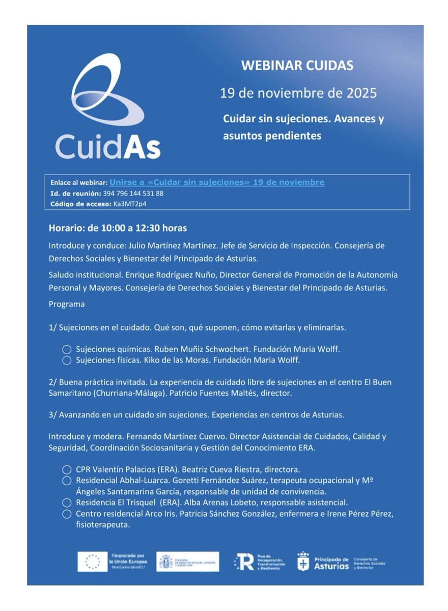socialasturias_'s tweet image. 📢 Hoy el DG de Promoción ee la Autonomía Personal y Mayores @EnRoNu presentó el seminario web “Cuidar sin sujeciones. Avances y asuntos pendientes”, en el marco de la #EstrategiaCuidAs🦋
Un paso más hacia cuidados dignos y centrados en la persona.
#CuidAs #CuidadosDignos