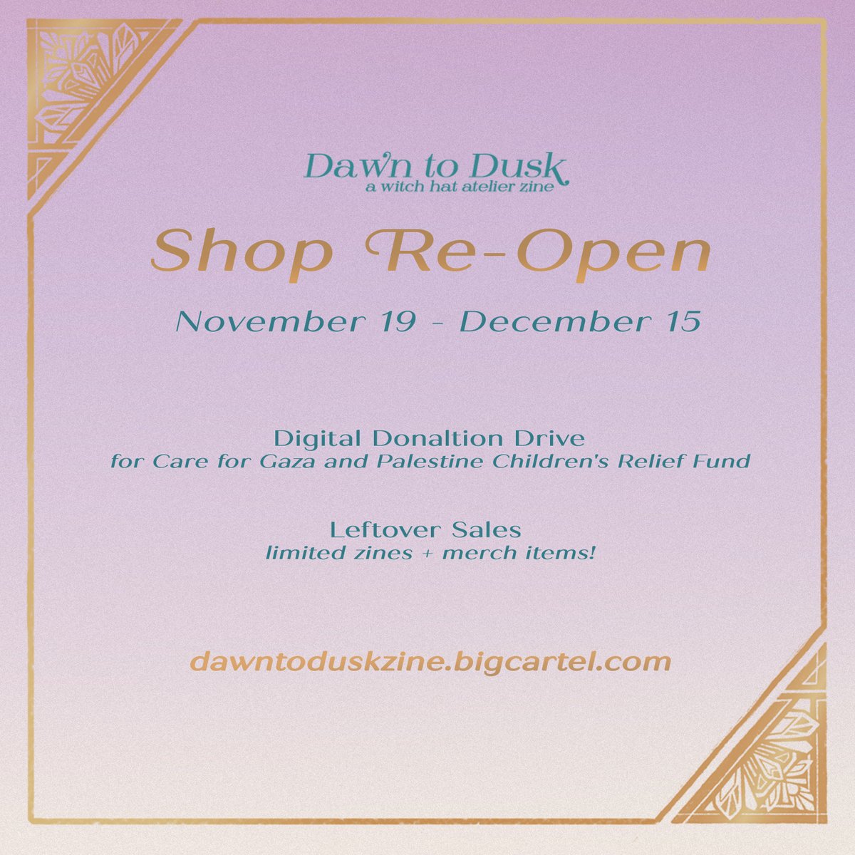 ☀️[SHOP RE-OPEN]🌑

Our shop is re-opening for Leftover sales and a digital Donation Drive!!