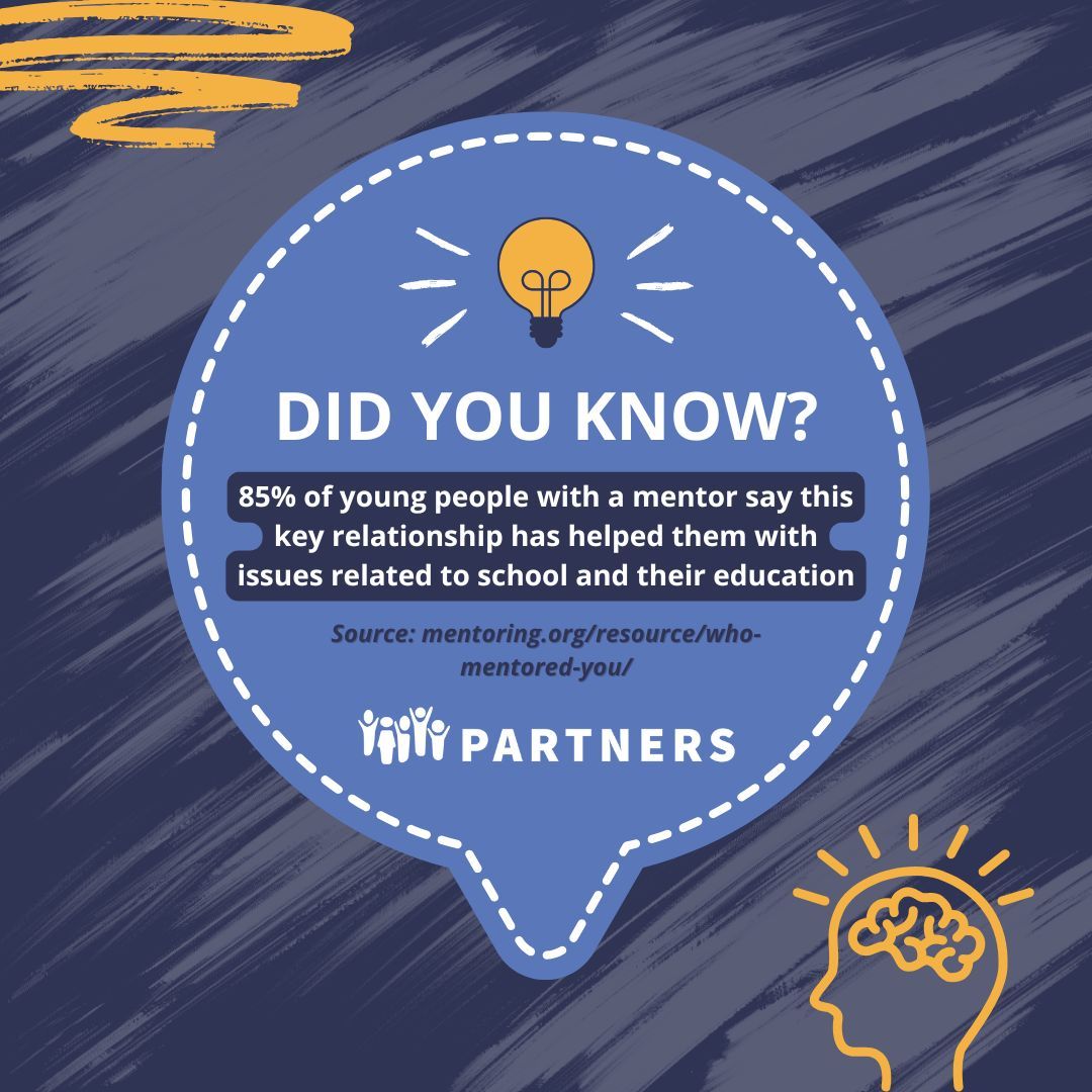 PartnersPowered's tweet image. Did you know? 💡🧠 According to MENTOR, 85% of young people with a mentor say this key relationship has helped them with issues related to school and their education. Learn more about our youth mentoring programs at Partners at poweredbypartners.org/mentoring/ #funfactwednesday