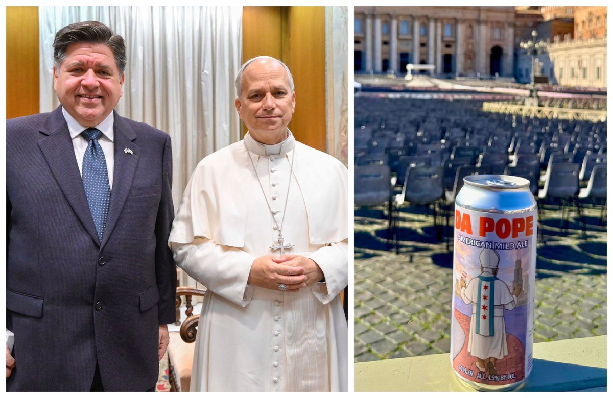 BlockClubCHI's tweet image. Chicago-brewed &quot;Da Pope&quot; beer is now in Pope Leo’s fridge, thanks to Gov. Pritzker. blockclubchi.co/4r7wDfN