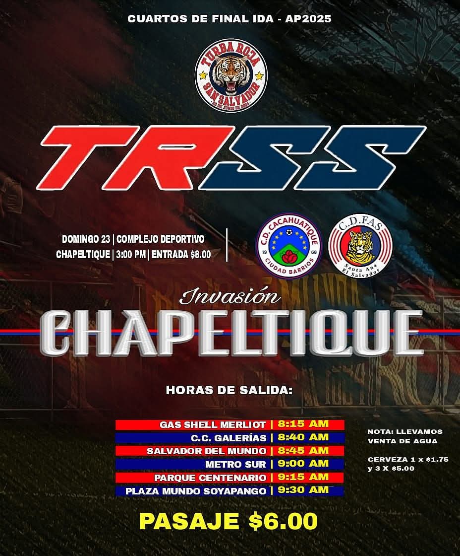 Para todos los FASISTAS de Santa Tecla, San Salvador, Soyapango q desean viajar esté domingo a Chapeltique y apoyar a <a href="/CDeportivoFAS/">Club Deportivo FAS</a> 

Les hacemos una atenta invitación para viajar con
Turba Roja San Salvador 🔵🔴

Llevamos bus para comodidad de las personas, ventas y sorpresas🐯