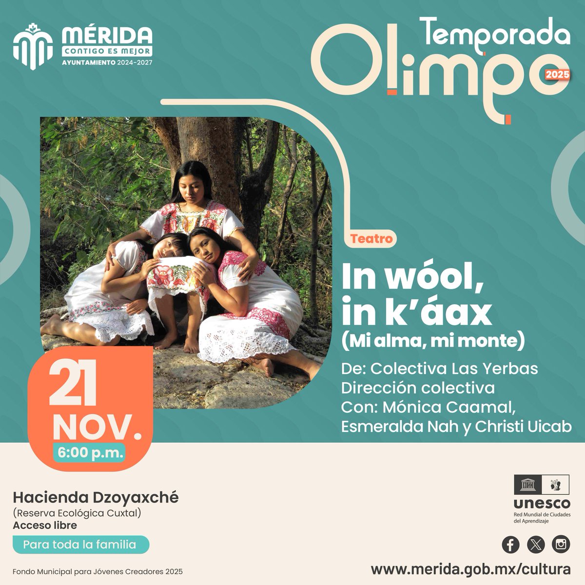 🔹Seguimos acercando a las comisarías de Mérida las propuestas de la #TemporadaOlimpo2025. Este viernes 21 disfruta “K’áax: instalación sonora periférica” en Tahdzibichén y la obra “In wóol, in k´áax” (Mi alma, mi monte) en Dzoyaxché. #MéridaContigoEsMejor <a href="/CeciliaPatronL/">Cecilia Patrón Laviada</a>