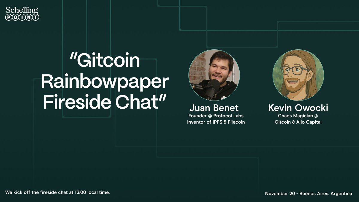gitcoin's tweet image. A conversation you don’t get every day.

@juanbenet and @owocki sit down to explore the Gitcoin Rainbowpaper - where we’re headed and why it matters.

Kicks off 13:00 local this Thursday at Schelling Point 🔥