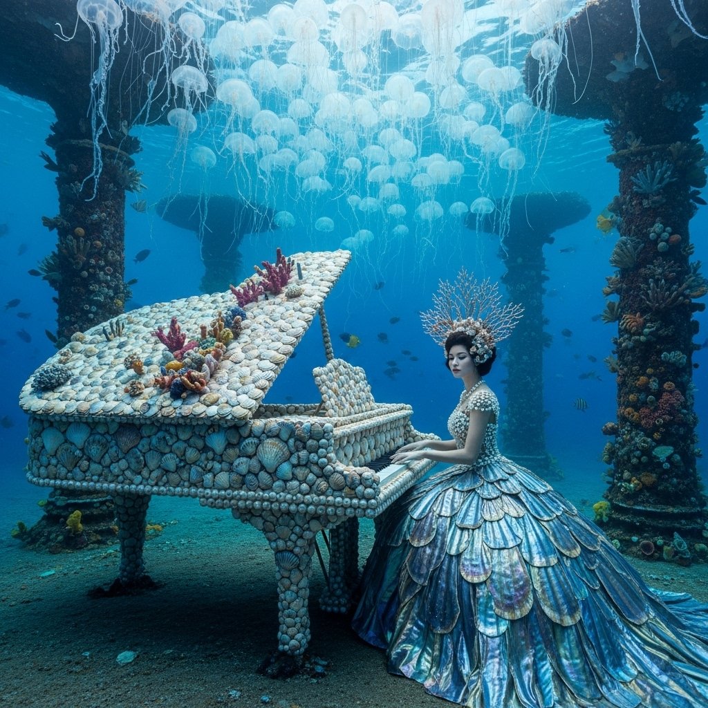 syntaxaegis's tweet image. She doesn’t read sheet music—just ripples. The jellyfish know when to float in on cue.

#hautecouture #surrealism #art #couture #fashionphotography