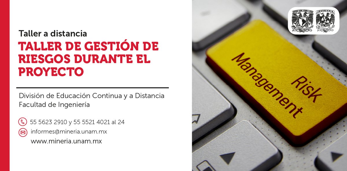 MineriaUNAM's tweet image. Reconoce las competencias de planificación, seguimiento y control de riesgos que son requeridas para la dirección de proyectos.
📆 Inicio 5 de diciembre
💻 Modalidad a distancia
💡 Temario, precio y registro en: ow.ly/MVlm50XpA8e
.
.
#GestiónDeRiesgo
