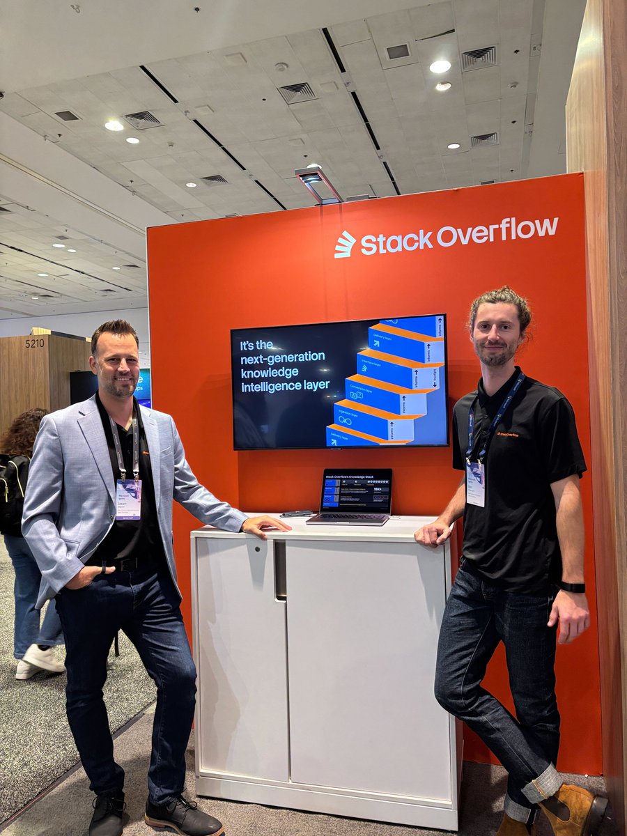 StackOverflow's tweet image. We&apos;re on the floor at #MSIgnite for the first public unveiling of our new rebrand! At our booth, we got a chance to talk to attendees about Stack Internal, the trusted knowledge layer for technologists. Want to learn more about how Stack Internal can bring your teams into the age…