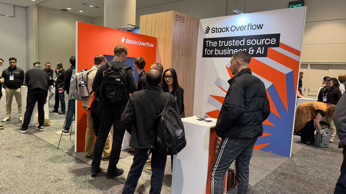 StackOverflow's tweet image. We&apos;re on the floor at #MSIgnite for the first public unveiling of our new rebrand! At our booth, we got a chance to talk to attendees about Stack Internal, the trusted knowledge layer for technologists. Want to learn more about how Stack Internal can bring your teams into the age…
