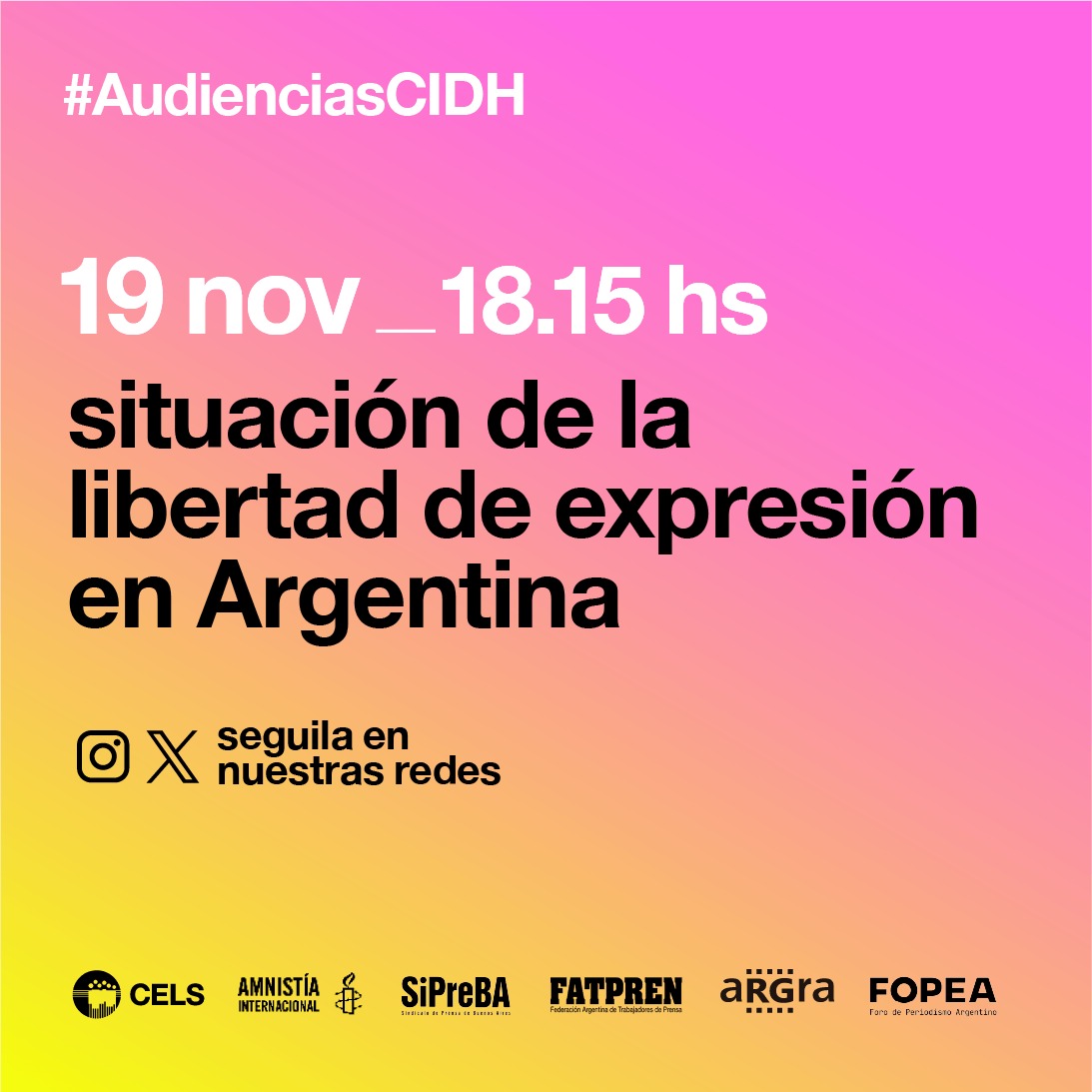 ⚠️ La libertad de expresión en la Argentina evaluada por la <a href="/CIDH/">CIDH - IACHR</a>

A las 18.15 en Miami, vamos a denunciar los ataques a la prensa en una audiencia que pedimos diversas organizaciones y en la que el gobierno  deberá dar explicaciones.

📡 Seguí la transmisión en <a href="/tiempoarg/">Tiempo Argentino</a>