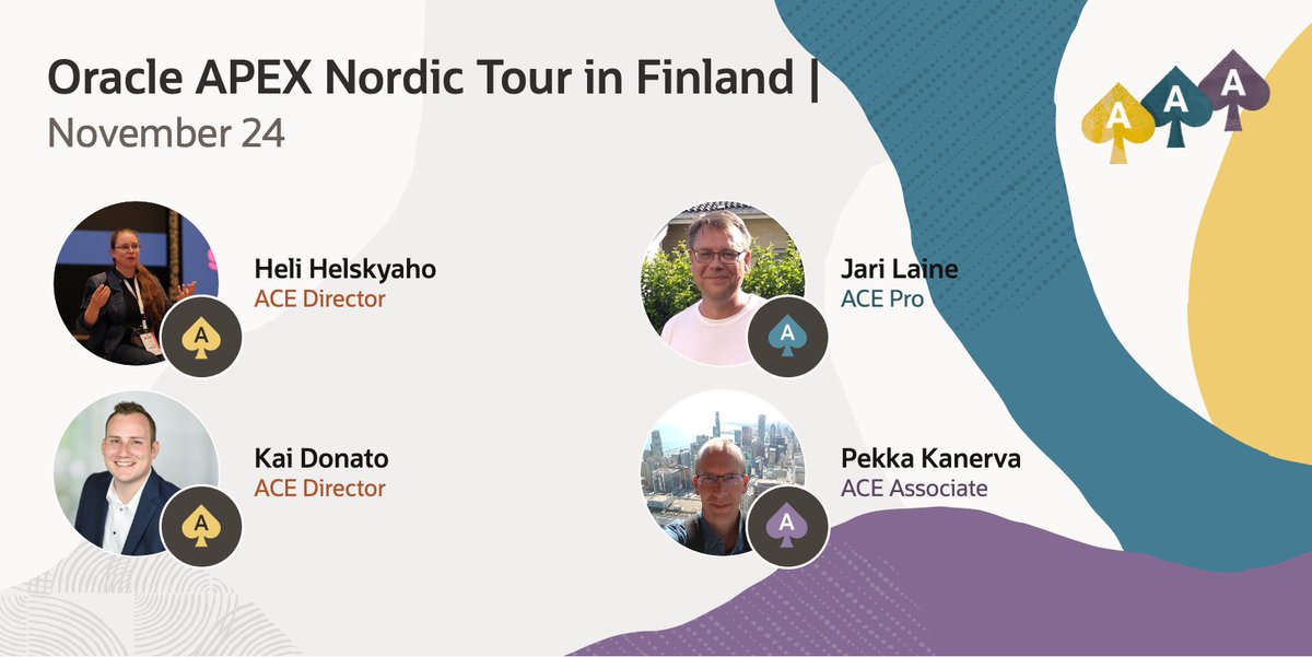 oracleace's tweet image. 🇫🇮 Elevate your AI &amp;amp; app dev skills at the Oracle APEX Nordic Tour—Nov 24 in Finland!
Join #OracleACE experts for live demos, interactive sessions, and the latest on APEX innovation and AI integration.
Don’t miss out—register now!
👉 social.ora.cl/60137EgDD