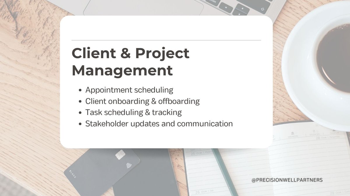PrecisionWellP's tweet image. Client &amp;amp; Project Management 🤝

Give every client a seamless, professional experience from start to finish.

I handle appointment scheduling, client onboarding &amp;amp; offboarding, and project tracking, ensuring nothing falls through the cracks.

#ClientManagement #ProjectManagement