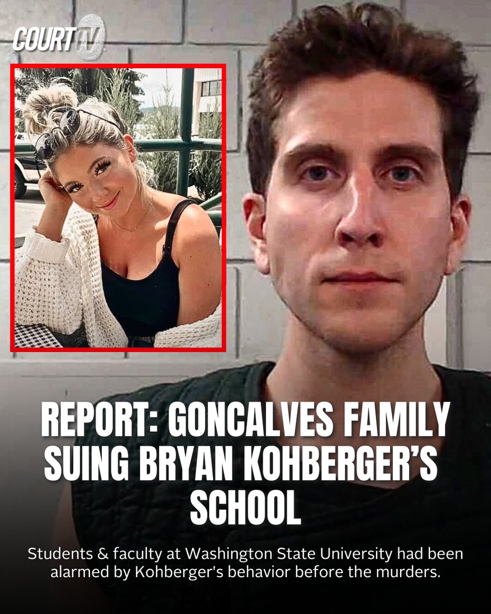 CourtTV's tweet image. The family of #KayleeGoncalves reportedly plans to sue Washington State University, where accused killer #BryanKohberger was a PhD student at the time of the #Idaho4 murders. 

Reports reviewed by #CourtTV revealed that both students and faculty at WSU had raised concerns about…