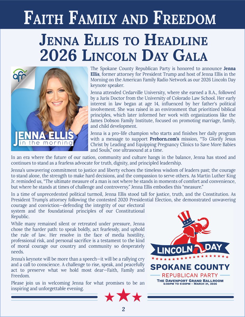 spokanegop's tweet photo. 2026 Lincoln Day Keynote Announcement @JennaEllisAM @realJennaEllis https://t.co/o0g64LpGba