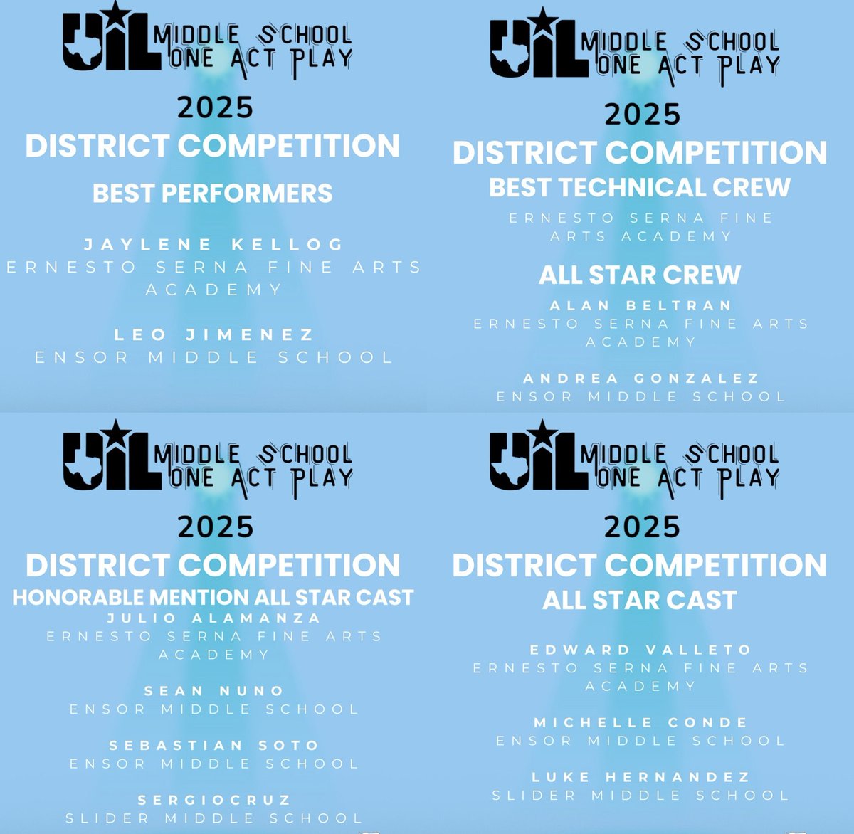 SISD_FineArts's tweet image. #TeamSISD celebrated a big day yesterday at District UIL MS One Act Play by winning multiple All Star individual awards, Best Tech Crew, both Best Performer awards, and sweeping the TOP THREE Places!#SISDFineArts is proud of all our programs for an outstanding UIL MSOAP Season!