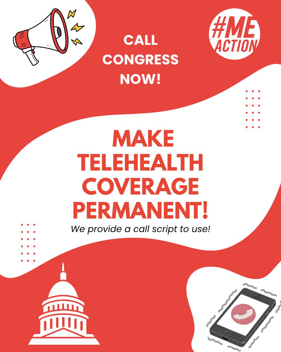 MEActNet's tweet image. Call to action: Congress has extended Telehealth until January 31,2026.

This is NOT a permanent solution. So, we must continue to put pressure on Congress to make telehealth for Medicare permanent. 

Call now using our call script: meaction.net/telehealth

#Telehealth