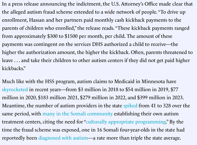 The image is a screenshot of a textual article excerpt detailing a federal indictment in a Medicaid autism fraud case, focusing on kickback schemes involving Somali individuals in Minnesota; it includes statistics on rising claims and provider numbers, with no visible images, people, or graphics—just dense paragraphs of black text on a white background.