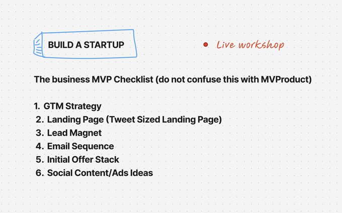 A clean digital graphic or screenshot featuring a bold title 'BUILD A STARTUP' in a blue outlined box, with a red bullet point labeled 'Live workshop'. Below is a dotted list under the heading 'The business MVP Checklist (do not confuse this with MVP Product)', enumerating six steps: GTM Strategy, Landing Page (Tweet sized Landing Page), Lead Magnet, Email Sequence, Initial Offer Stack, and Social Content/Ads ideas. The design uses simple sans-serif fonts, blue and red accents, and a light background with subtle grid lines.