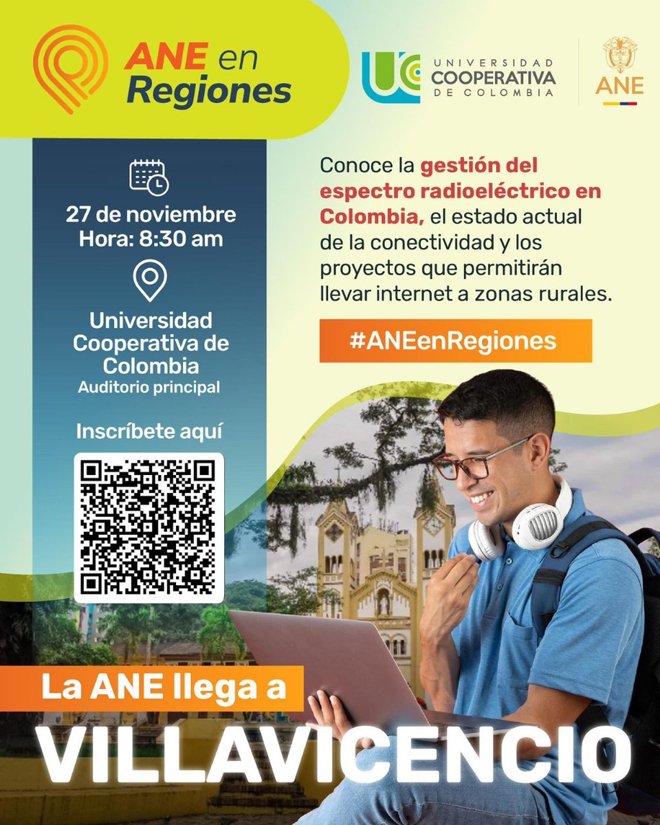 AcaciasWeb's tweet photo. ¡La ANE llega a Villavicencio! 📢

Conoce la gestión del espectro radioeléctrico y los proyectos para llevar internet a las zonas rurales.

🗓️ 27 de noviembre

⏰ 8:30 am

📍 UCC - Auditorio principal

¡Inscríbete ya con el QR! 👇
#ANEenRegiones #Villavicencio #Conectividad https://t.co/kvTNPqA3uE