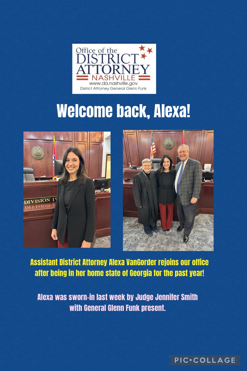 We are proud to welcome Assistant District Attorney Alexa VanGorder back to our office!  For the past year, Alexa has served as a prosecutor in Georgia.  Now, she and her family are ‘back home’ with us in Tennessee.  <a href="/TNDAGC/">Tennessee District Attorneys General Conference</a> <a href="/MNPDNashville/">Metro Nashville PD</a>
