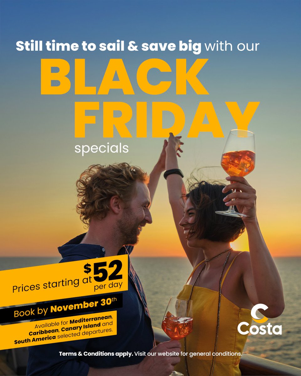 📢 Don’t miss your chance to sail &amp; save big this #BlackFriday!  

⚓ Unmissable deals, breathtaking destinations, and world-class experiences: from fine dining to vibrant entertainment and total relaxation.

Your dream escape is still within reach:  costacruises.com/deals/black-fr…