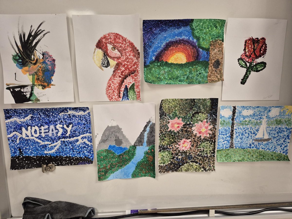 ORHSEDH's tweet image. French 2 students have been studying about French art museums and artists. They were able to paint in pointillism style (invented by a French artist.)