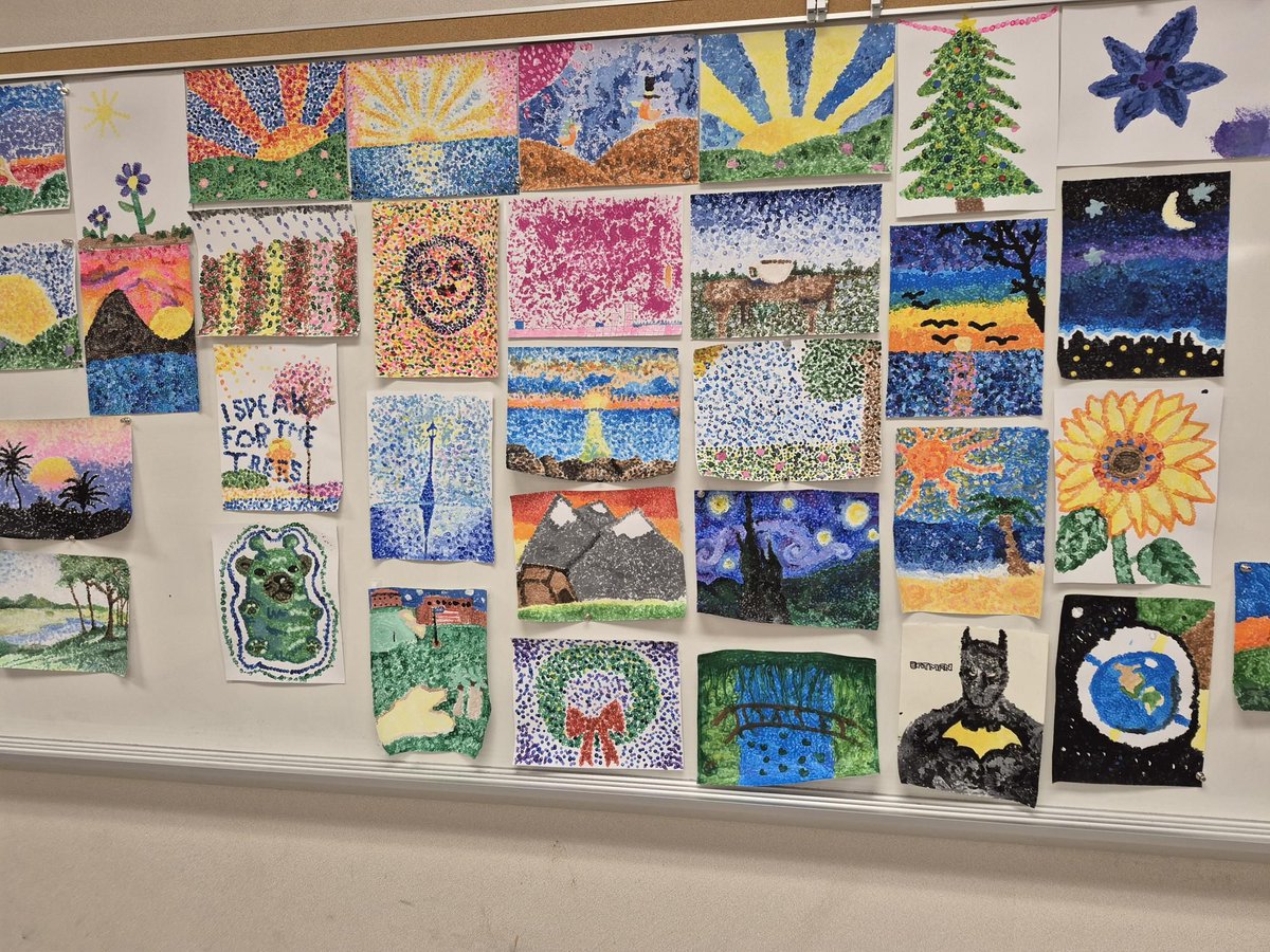 ORHSEDH's tweet image. French 2 students have been studying about French art museums and artists. They were able to paint in pointillism style (invented by a French artist.)