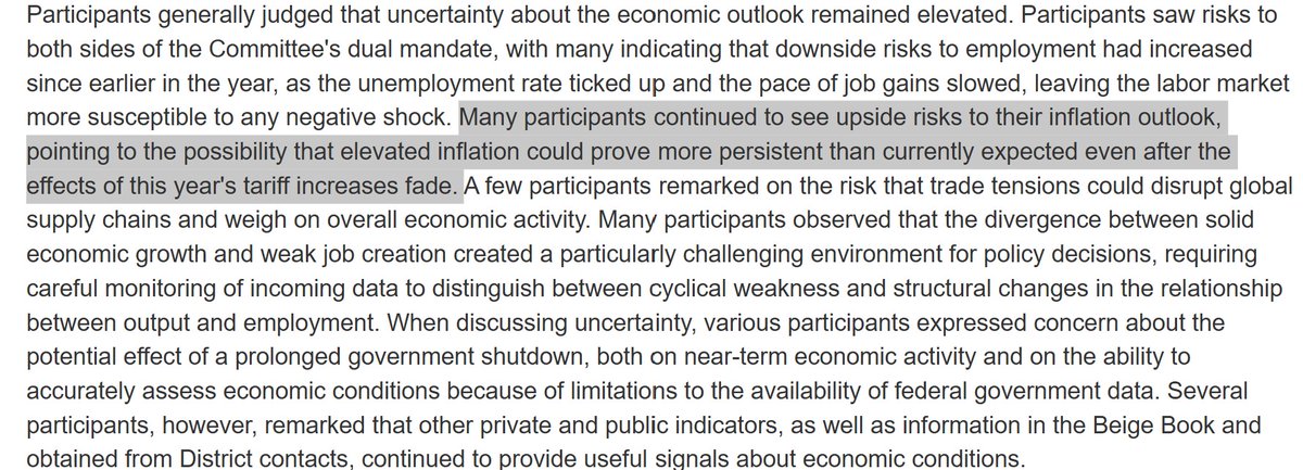 elerianm's tweet image. The Federal Reserve minutes released earlier this afternoon (link below) are a fascinating read. They moved down the markets&apos; expectations of a December rate cut, driven largely by these references to inflation by what seems a significant portion of a deeply divided FOMC.…
