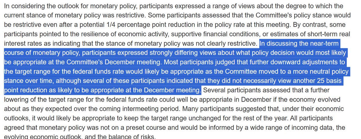 elerianm's tweet image. The Federal Reserve minutes released earlier this afternoon (link below) are a fascinating read. They moved down the markets&apos; expectations of a December rate cut, driven largely by these references to inflation by what seems a significant portion of a deeply divided FOMC.…