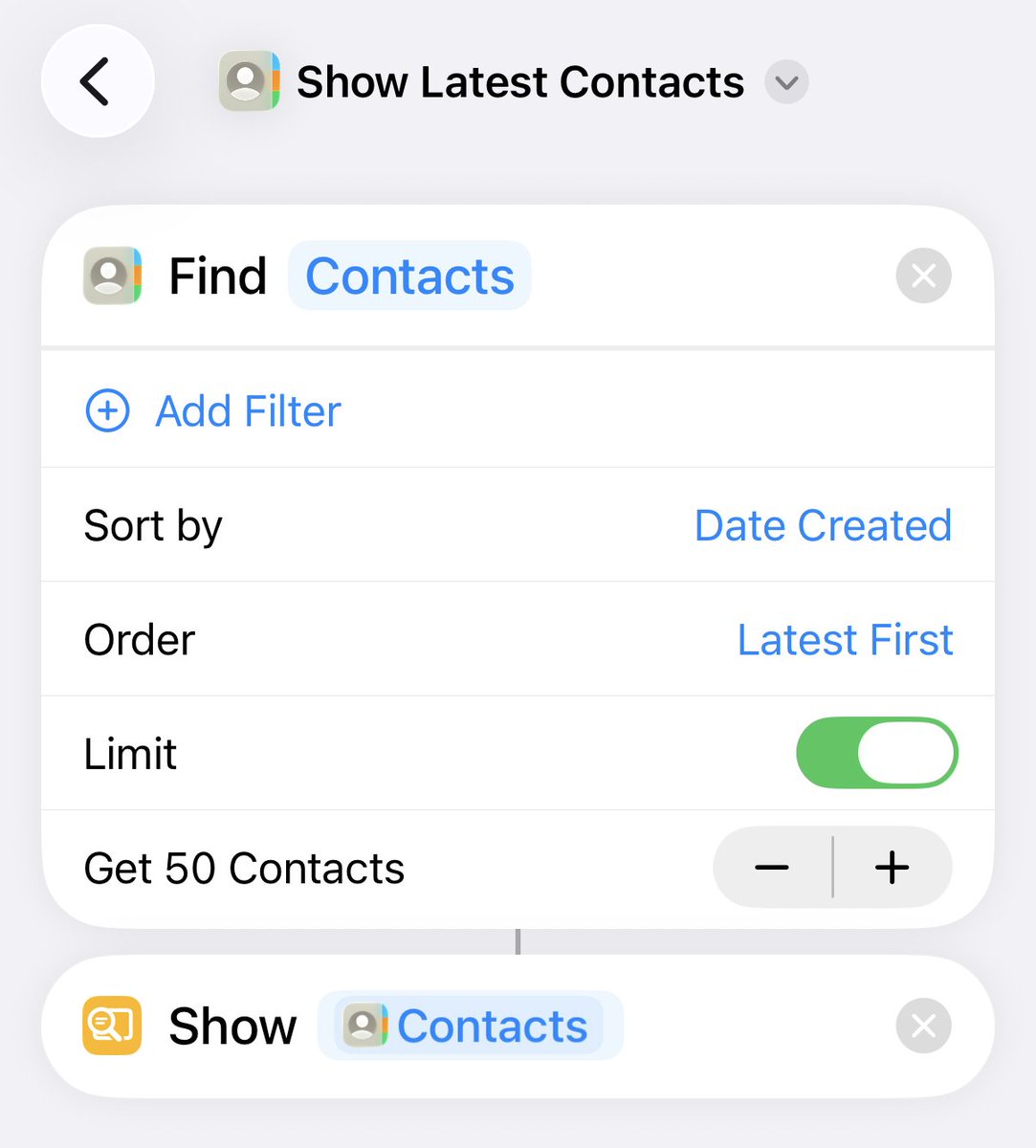 created an ios shortcut to show me my newest 50 contacts. useful for fostering new relationships - especially being new in a new city (👋🏽 sf)

link to add shortcut: 

icloud.com/shortcuts/11da…