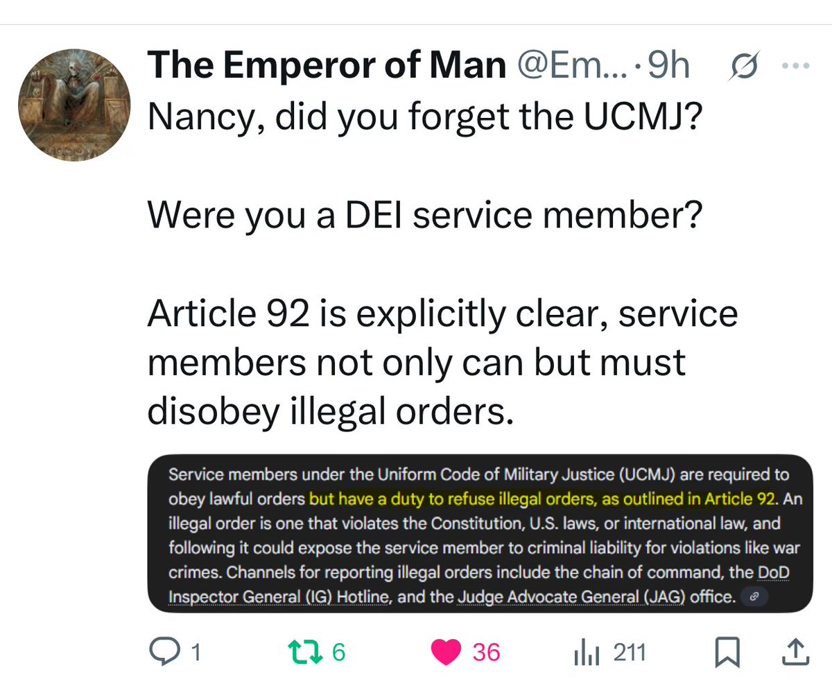 JoanCrenshaw9's tweet image. Uniform Code of Military Justice sees it differently than you do.