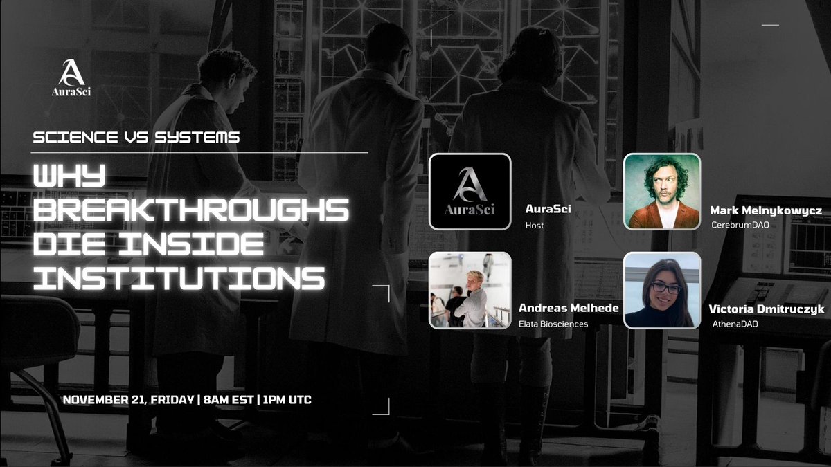 Why do world-changing ideas stall inside the very structures meant to advance them?

We’re bringing three sharp minds to unpack the real reasons.

Guests
• Andreas (<a href="/AMelhede/">Andreas Melhede bio/acc</a>) — <a href="/Elata_Bio/">Elata Biosciences</a>
• Mark (<a href="/melnykowycz/">Mark Melnykowycz</a>) — <a href="/Cerebrum_DAO/">Cerebrum DAO 🧠</a>
• Victoria (<a href="/tweetatvictoria/">Victoria Dmitruczyk</a>) — <a href="/athena_DAO_/">AthenaDAO 🧬🪩</a>