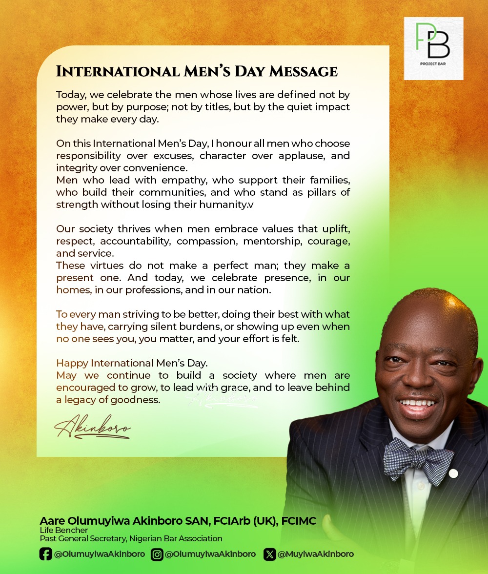 Today, we celebrate the men whose lives are defined not by power, but by purpose; not by titles, but by the quiet impact they make every day.

On this International Men’s Day, I honour all men who choose responsibility over excuses, character over applause, and integrity over