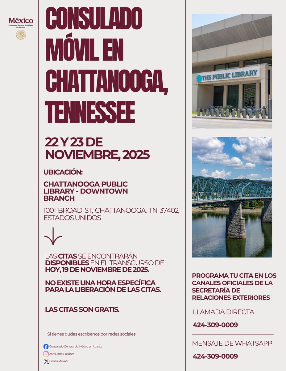 ¡Atención, Chattanooga!

Hemos leído con atención tus peticiones en nuestras redes sociales y por eso te invitamos este 22 y 23 de noviembre a realizar tus trámites de pasaporte, matrícula consular y credencial de elector en nuestro Consulado Móvil. 

¡Te esperamos!