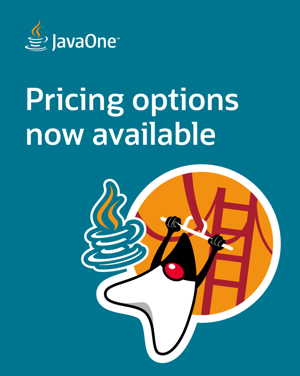 JavaOne's tweet image. Your #JavaOne pass gives you three days of full access:

☕ Keynotes
☕ Sessions and hands-on labs
☕ Networking engagements

Check out the pricing options—available now: social.ora.cl/60177gODc