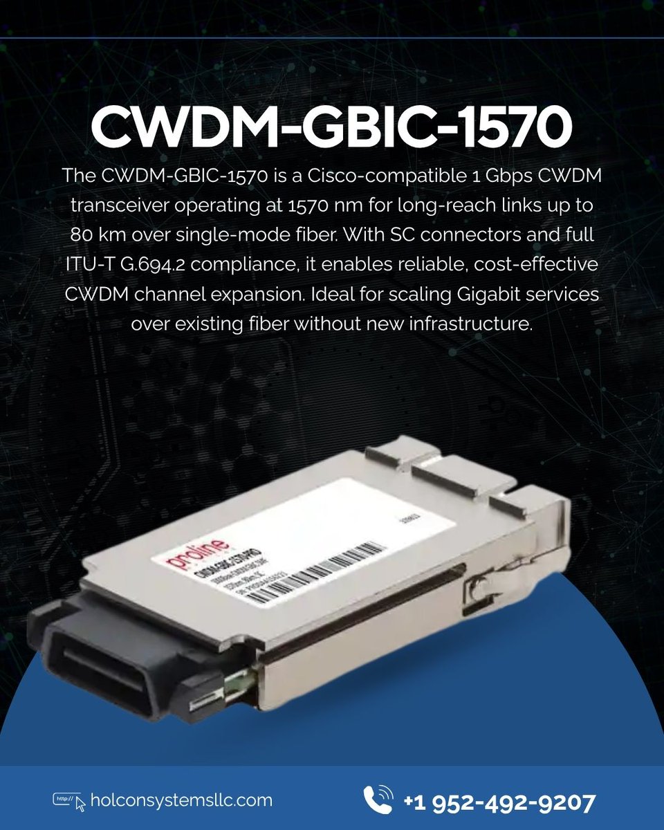 exciscokit's tweet image. The CWDM-GBIC-1570 is a Cisco-compatible 1 Gbps CWDM transceiver designed for long-reach links up to 80 km over single-mode fiber. 

#holconsystems #networkingsolutions #ithardware #networkefficiency  #businessconnectivity