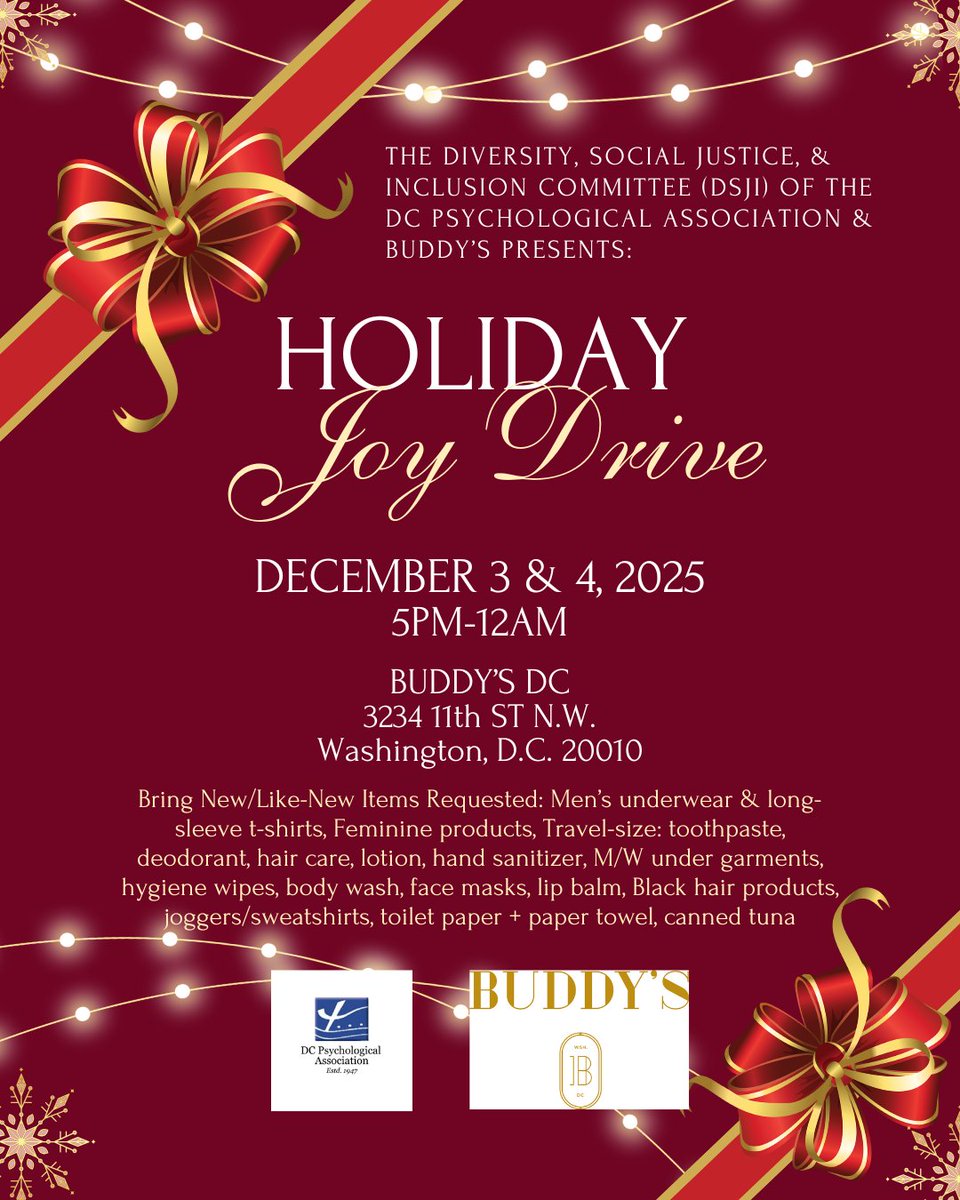 DCPsychAssoc's tweet image. Please join the Diversity, Social Justice, and Inclusion (DSJI) Committee in partnership with Buddy’s DC for our 2025 Joy Drive!

Help us make a difference by donating new or gently used items to support families in need.