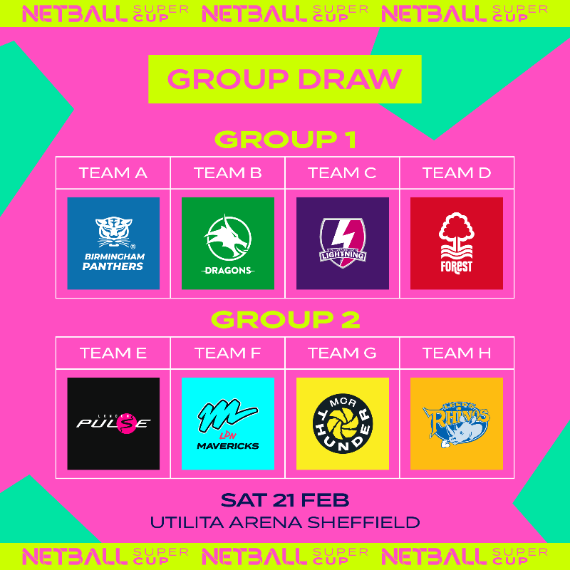NetballSL's tweet photo. 🏐 Here are the two groups for the 2026 Netball Super Cup. 

Don’t miss a moment of the action. Get your tickets now ⬇️