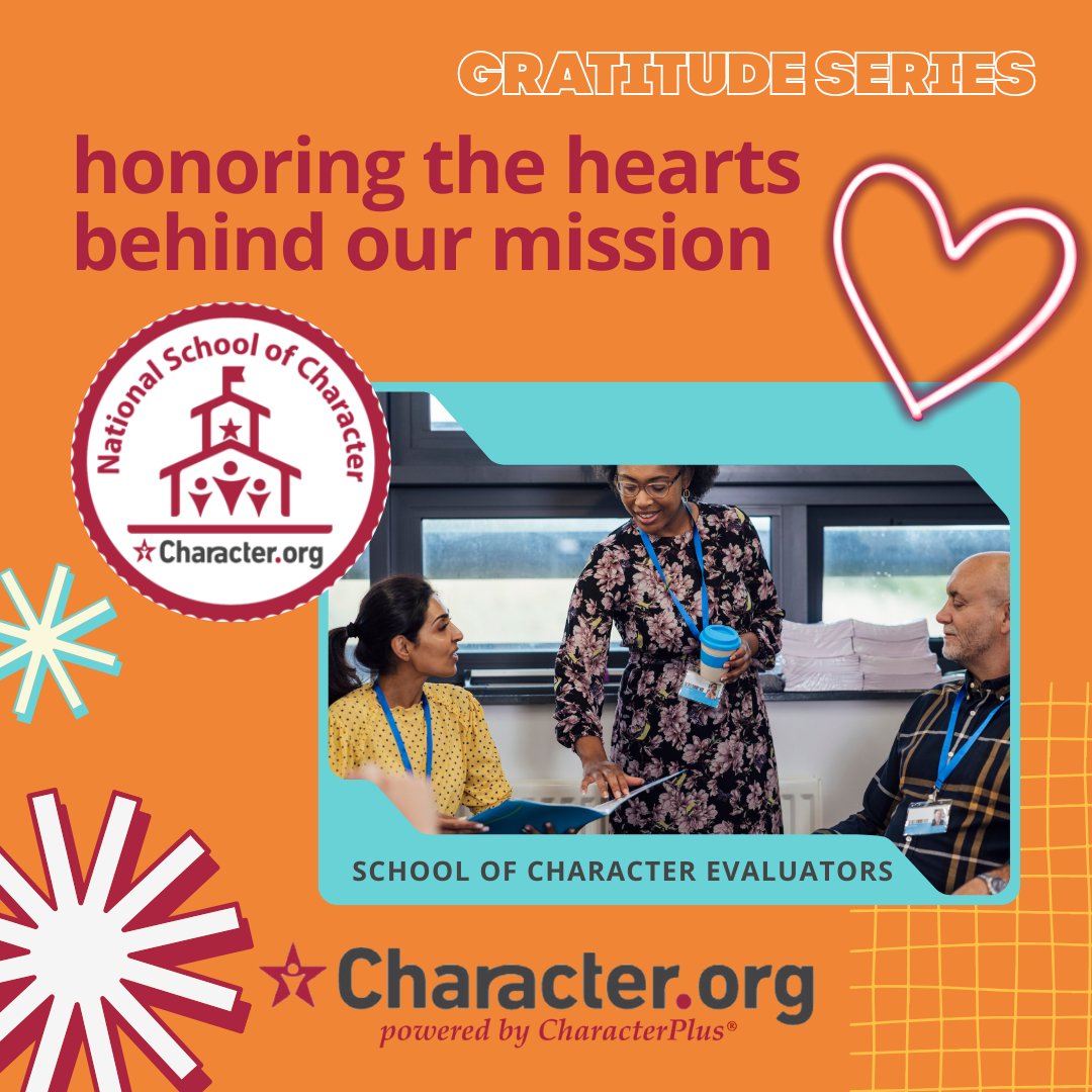 CharacterDotOrg's tweet image. Our #SchoolOfCharacter Evaluators are volunteers who review applications, conduct interviews, and uphold the integrity of the 11 Principles. Their dedication makes the SOC process possible every year and we are so grateful for them!  #CharacterdotOrg #CharacterPlus