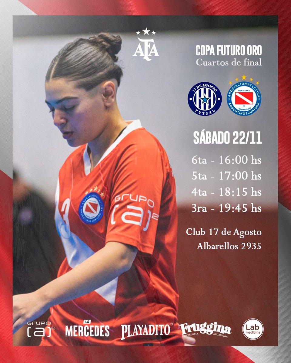 FutsalFemAAAJ's tweet image. #AAAJ 🫂 ¡Vamos todas juntas!

Este sábado las Inferiores del Argentinos van en busca de revertir la serie ante 17 de Agosto. 👊

Las Bichitas fueron locales ante las de Villa Pueyrredón el pasado fin de semana y ahora salen en busca de la clasificación en la Copa Futuro Oro. 🏆