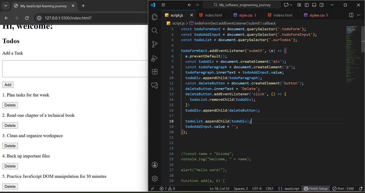 OziomaMarylinda's tweet image. This week I started practicing my skills. #todolist #app from scratch using #HTML  #CSS  and #JavascriptDevelopers  and I&apos;m excited to share my progress so far.
What&apos;s done:
📷 Created a clean input to add tasks
📷 Added validation so empty tasks don&apos;t sneak in
📷 Delete ()